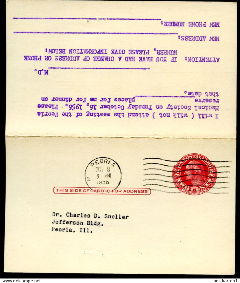 UY13 Type 2 Steel Plate Postal Card With Reply Peoria IL 1956 - 1941-60