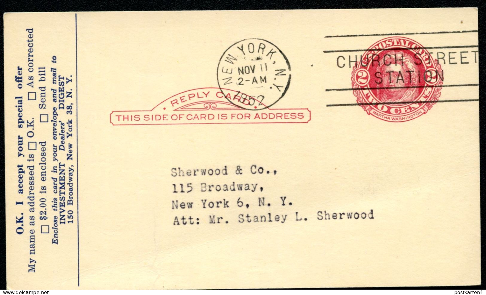 UY13m Type 1 Electrotype Postal Card Philadelphia PA RETURNED 1952 - 1941-60