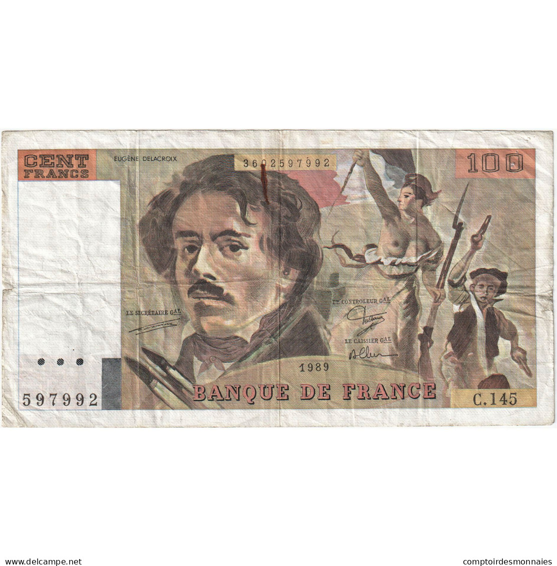 France, 100 Francs, Delacroix, 1989, C.145, B+, Fayette:69.13C, KM:154d - 100 F 1978-1995 ''Delacroix''