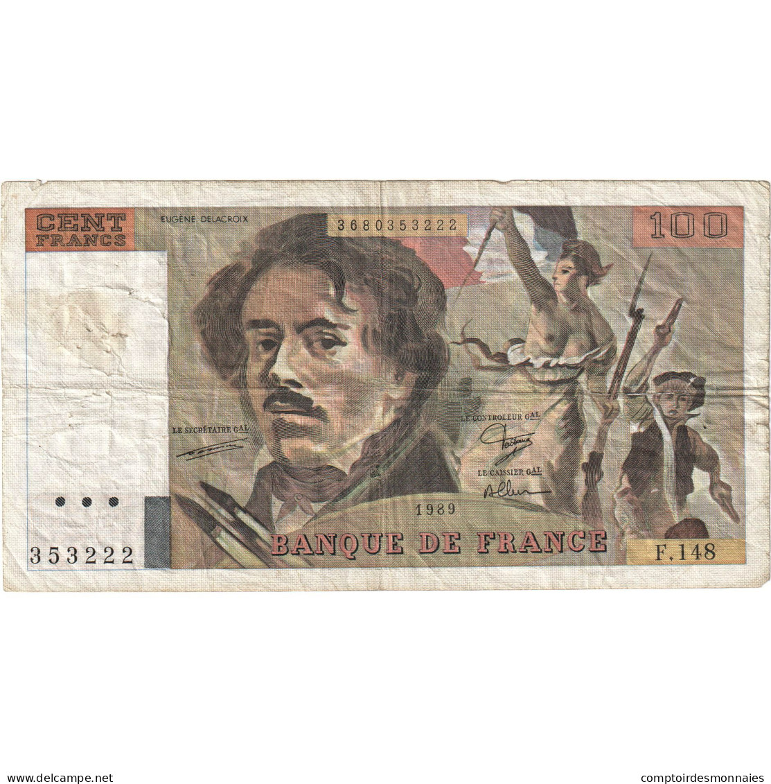 France, 100 Francs, Delacroix, 1989, F.148, B, Fayette:69.13C, KM:154d - 100 F 1978-1995 ''Delacroix''