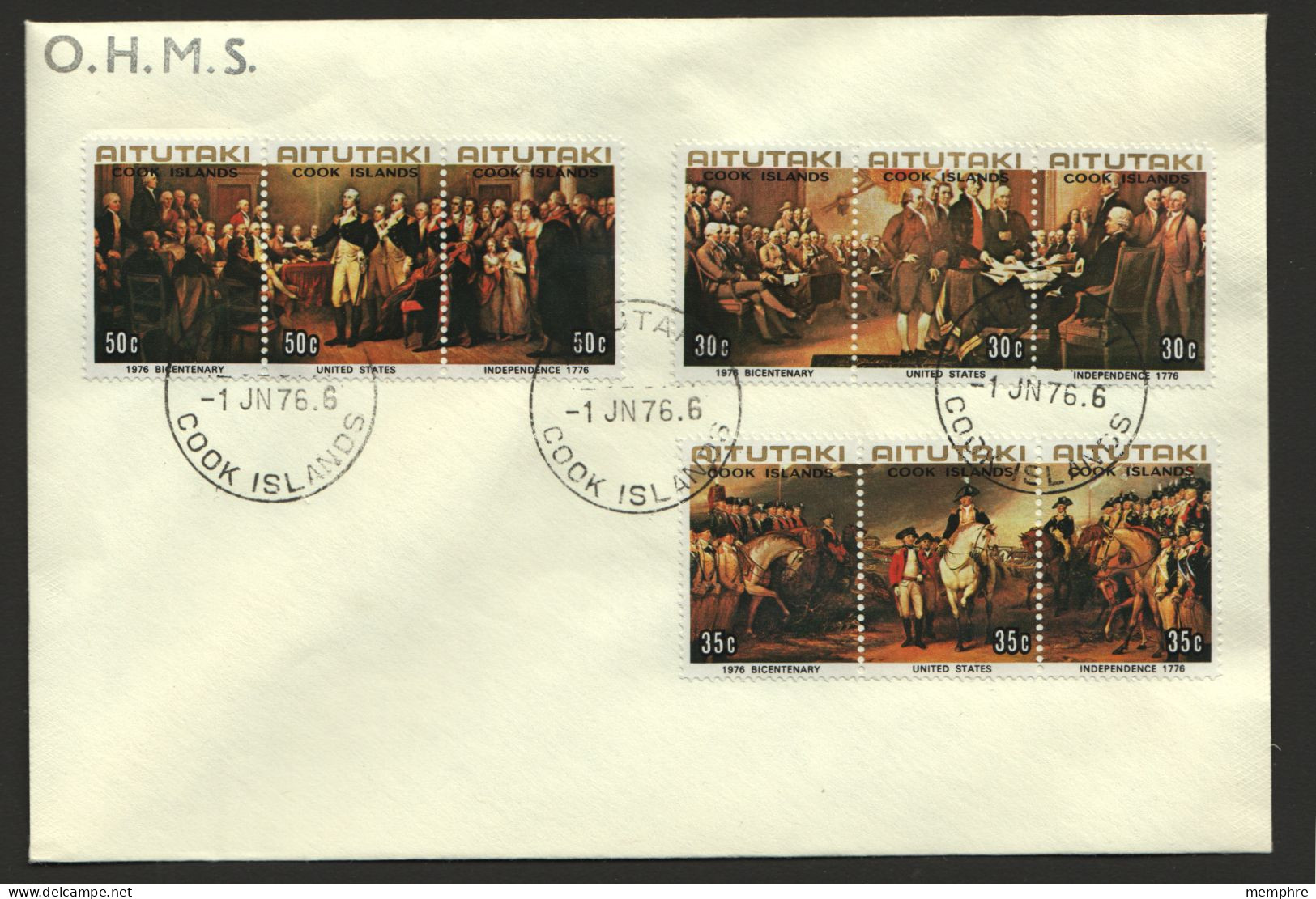 1976  American Bicentennial Complete Set Of 3 Strips Of 3  Sc 124-6 On Unaddressed FDC - Aitutaki