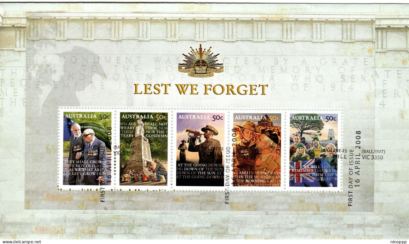 Australia 2008 Lest We Forget,Mini Sheet, Soldiers Hill Postmark,FDI - Postmark Collection