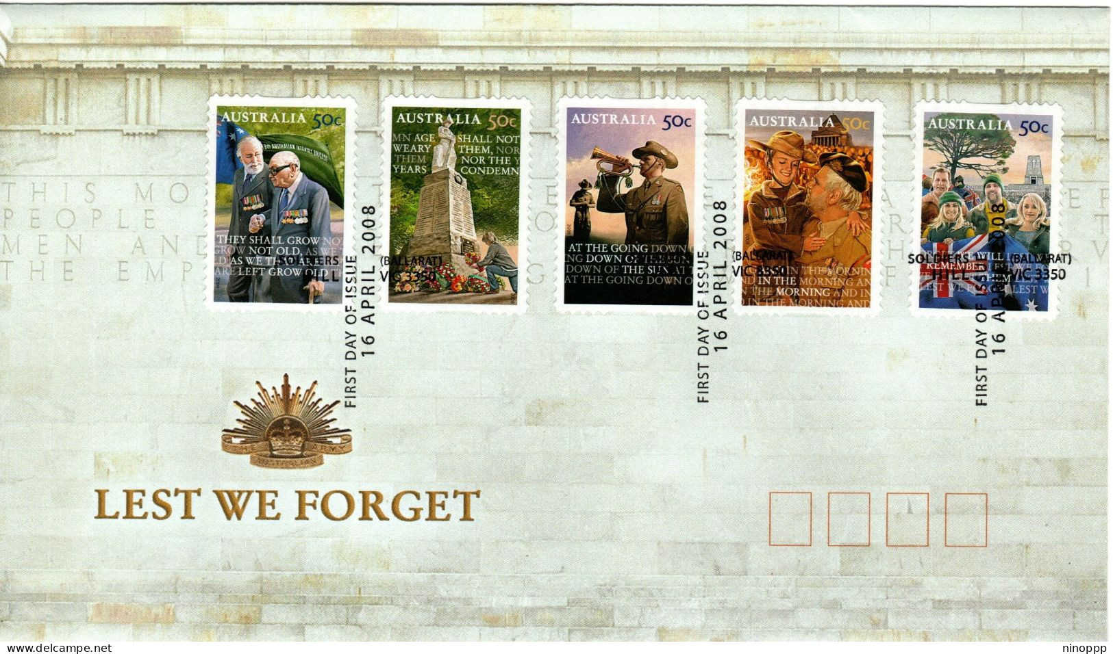 Australia 2008 Lest We Forget,Self-adhesive, Soldiers Hill Postmark,FDI - Marcophilie