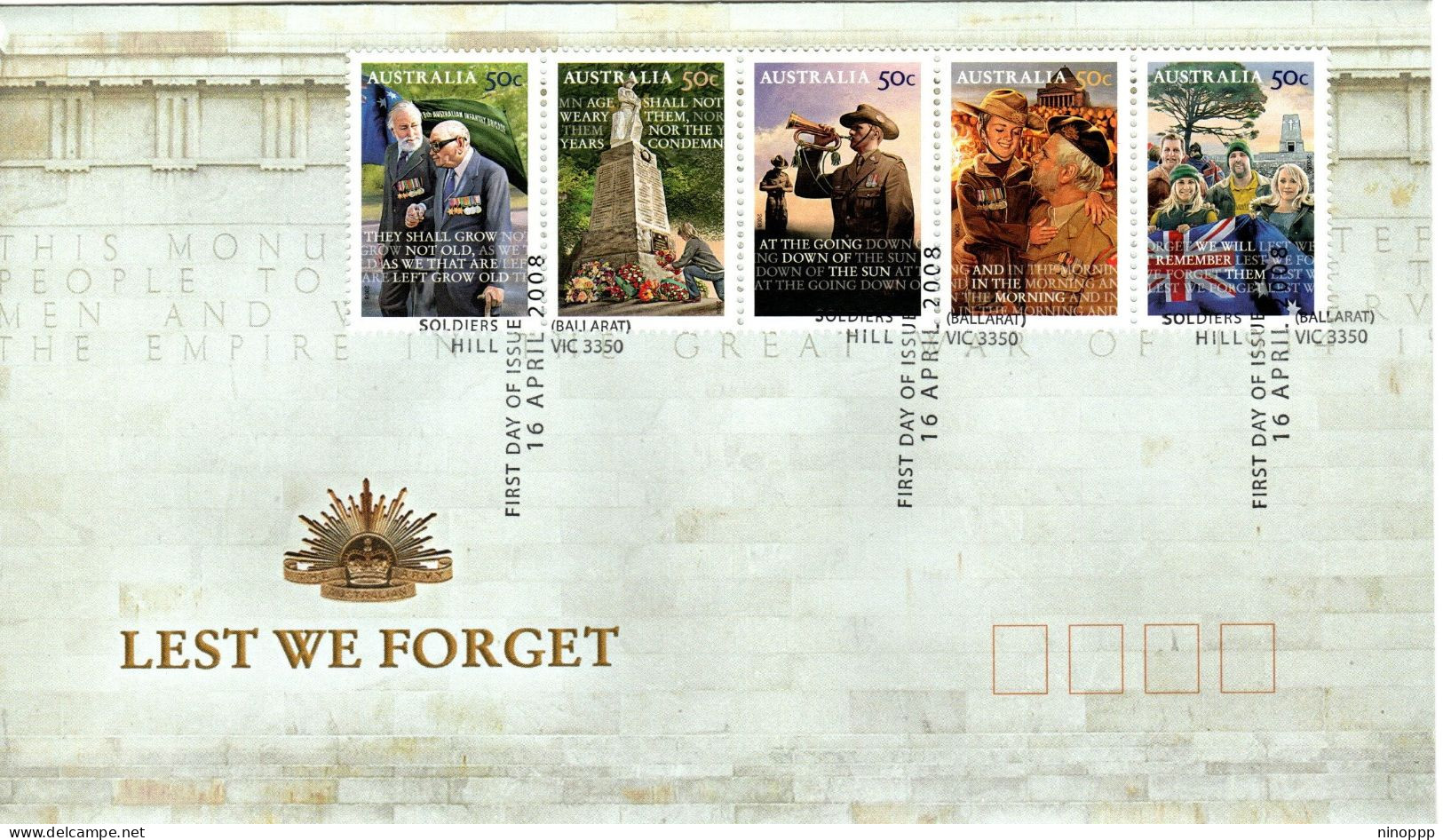 Australia 2008 Lest We Forget, Soldiers Hill Postmark,FDI - Marcofilie