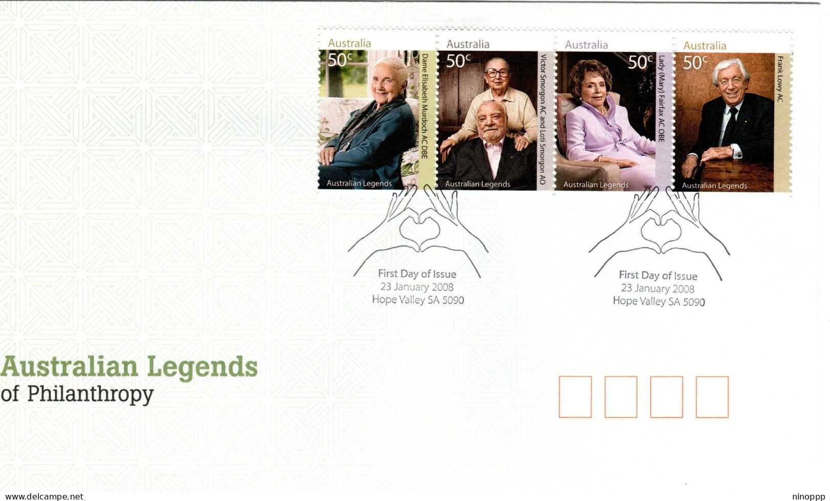 Australia 2008 Australian Legends Of Philanthropy,Hope Valley  Postmark,FDI - Bolli E Annullamenti