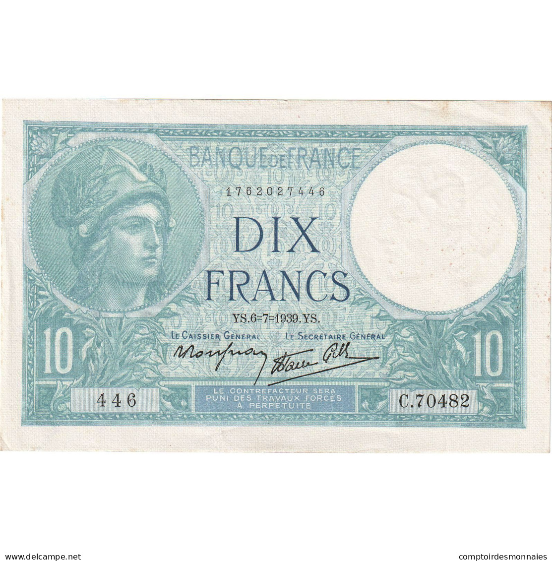 France, 10 Francs, Minerve, 1939, C.70482, SUP+, Fayette:7.4, KM:84 - 10 F 1916-1942 ''Minerve''