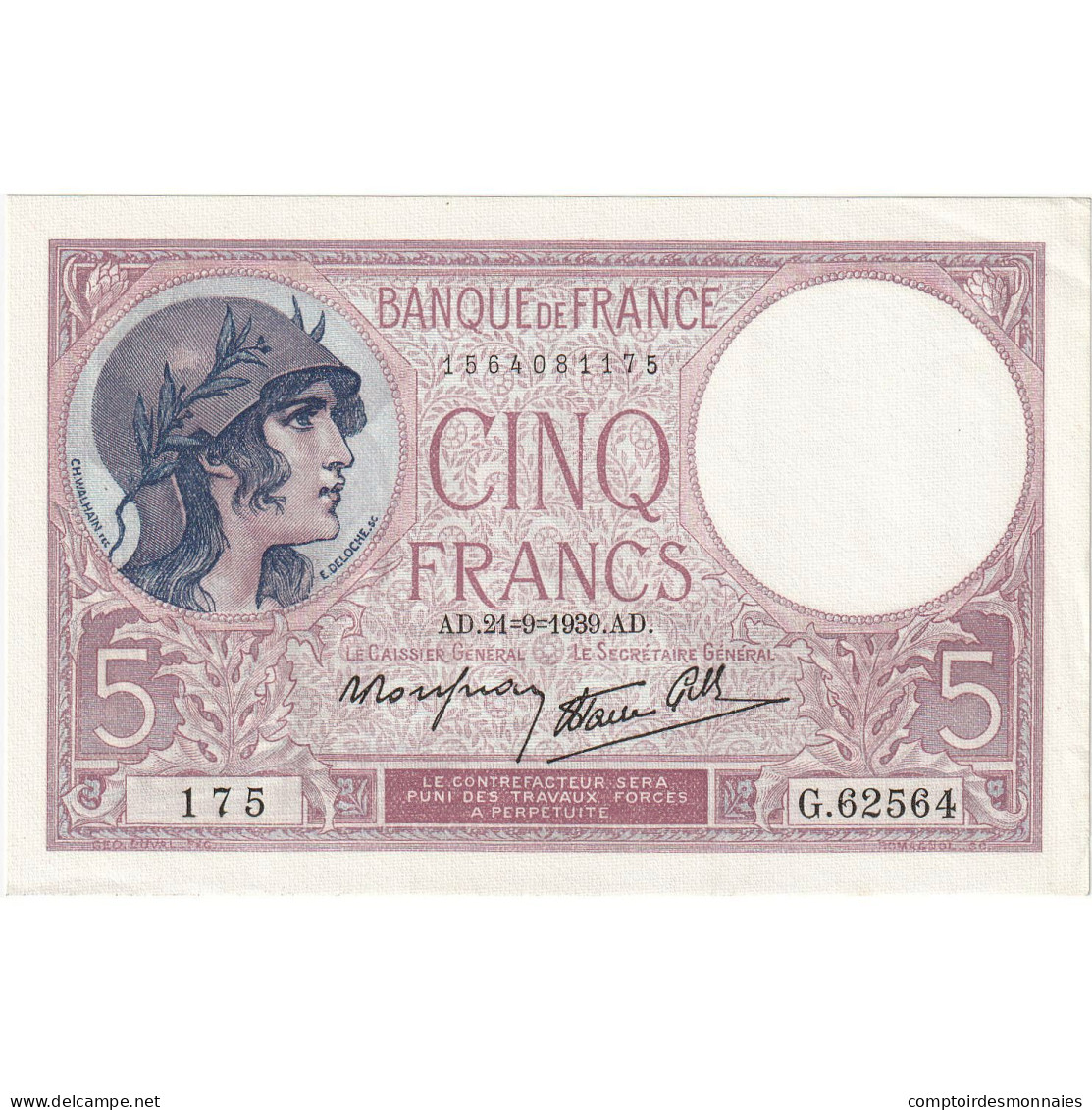 France, 5 Francs, Violet, 1939, G.62564, SPL, Fayette:4.9, KM:83 - 5 F 1917-1940 ''Violet''