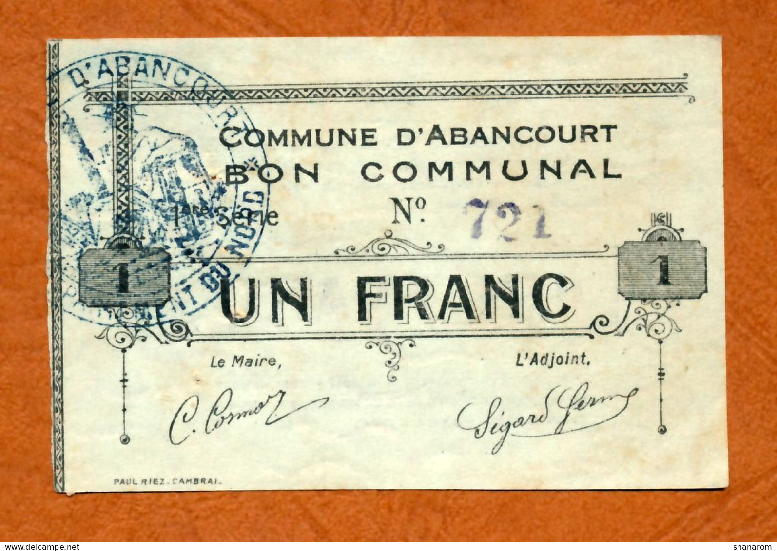 1914-1918 // Ville D'ABANCOURT (Aisne 02) // Bon COMMUNAL // Décembre 1915 // Un Franc - Bons & Nécessité