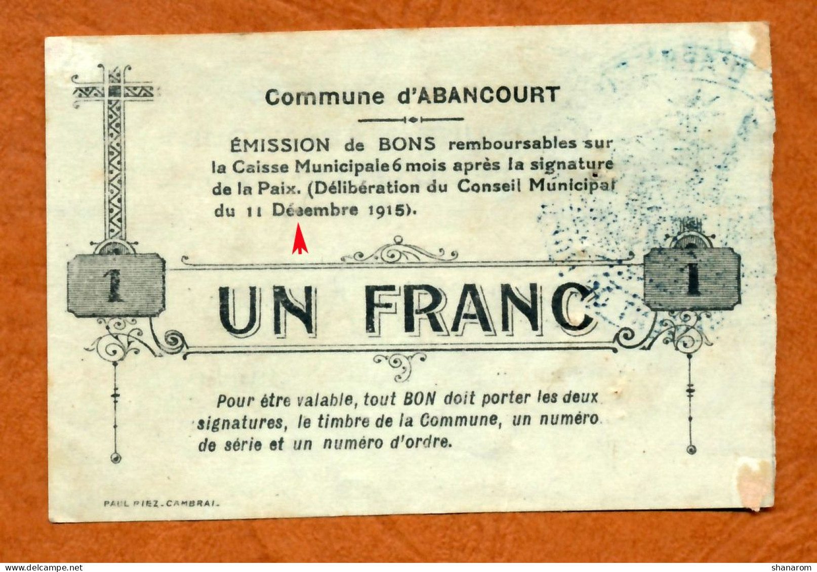 1914-1918 // Ville D'ABANCOURT (Aisne 02) // Bon COMMUNAL // Décembre 1915 // Un Franc - Bonds & Basic Needs