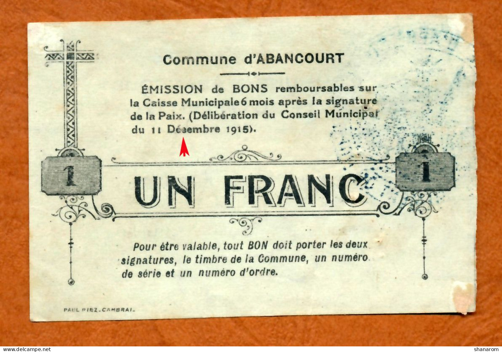 1914-1918 // Ville D'ABANCOURT (Aisne 02) // Bon COMMUNAL // Décembre 1915 // Un Franc - Bons & Nécessité