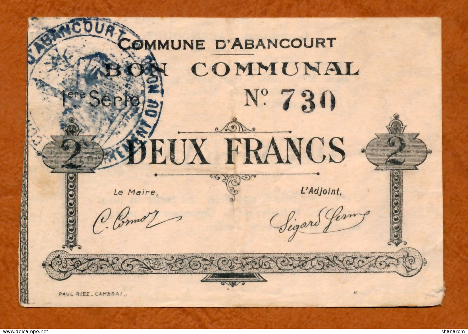 1914-1918 // Ville D'ABANCOURT (Aisne 02) // Bon COMMUNAL // Décembre 1915 // Deux Francs - Bons & Nécessité