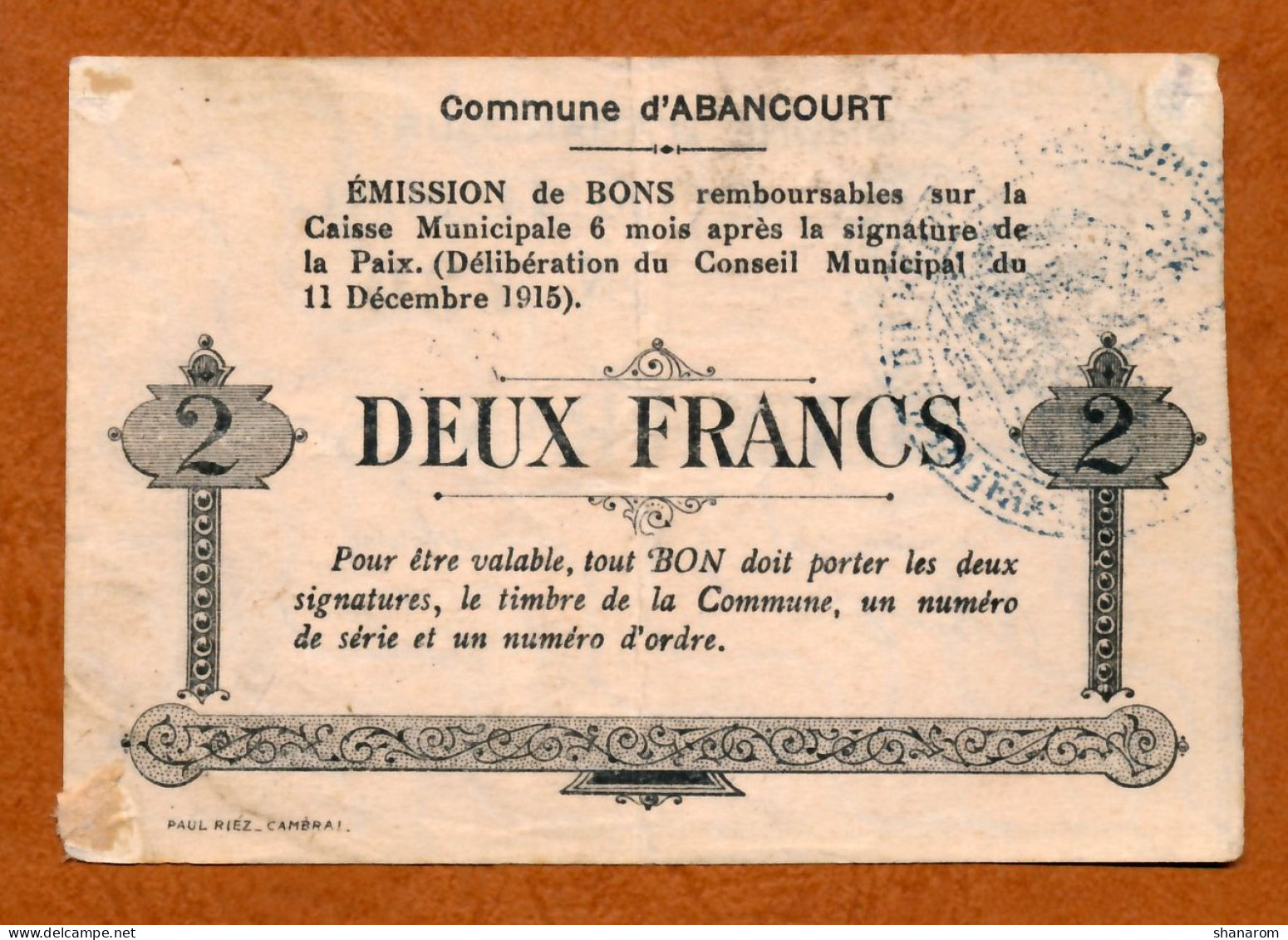 1914-1918 // Ville D'ABANCOURT (Aisne 02) // Bon COMMUNAL // Décembre 1915 // Deux Francs - Bonds & Basic Needs