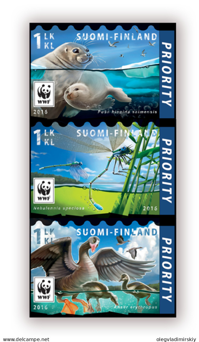 Finland Finnland Finlande 2016 WWF Rarest Fauna Seals Geese Dragonflies Set Of 3 Stamps In Strip MNH - Unused Stamps