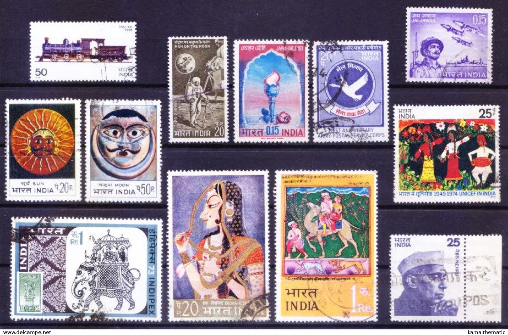 India Fine Used Lot Of 12, Mask, Paintings, Space, Railways, Aircrafts - Verzamelingen & Reeksen