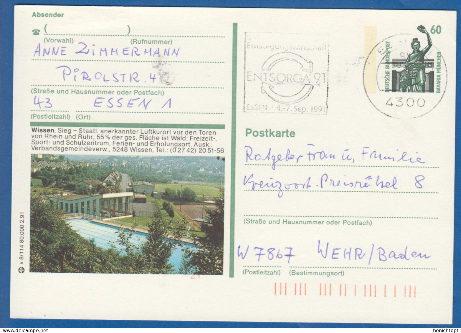 Deutschland; BRD; Postkarte; 60 Pf Bavaria München; Wissen, Sieg; Bild2 - Geïllustreerde Postkaarten - Gebruikt