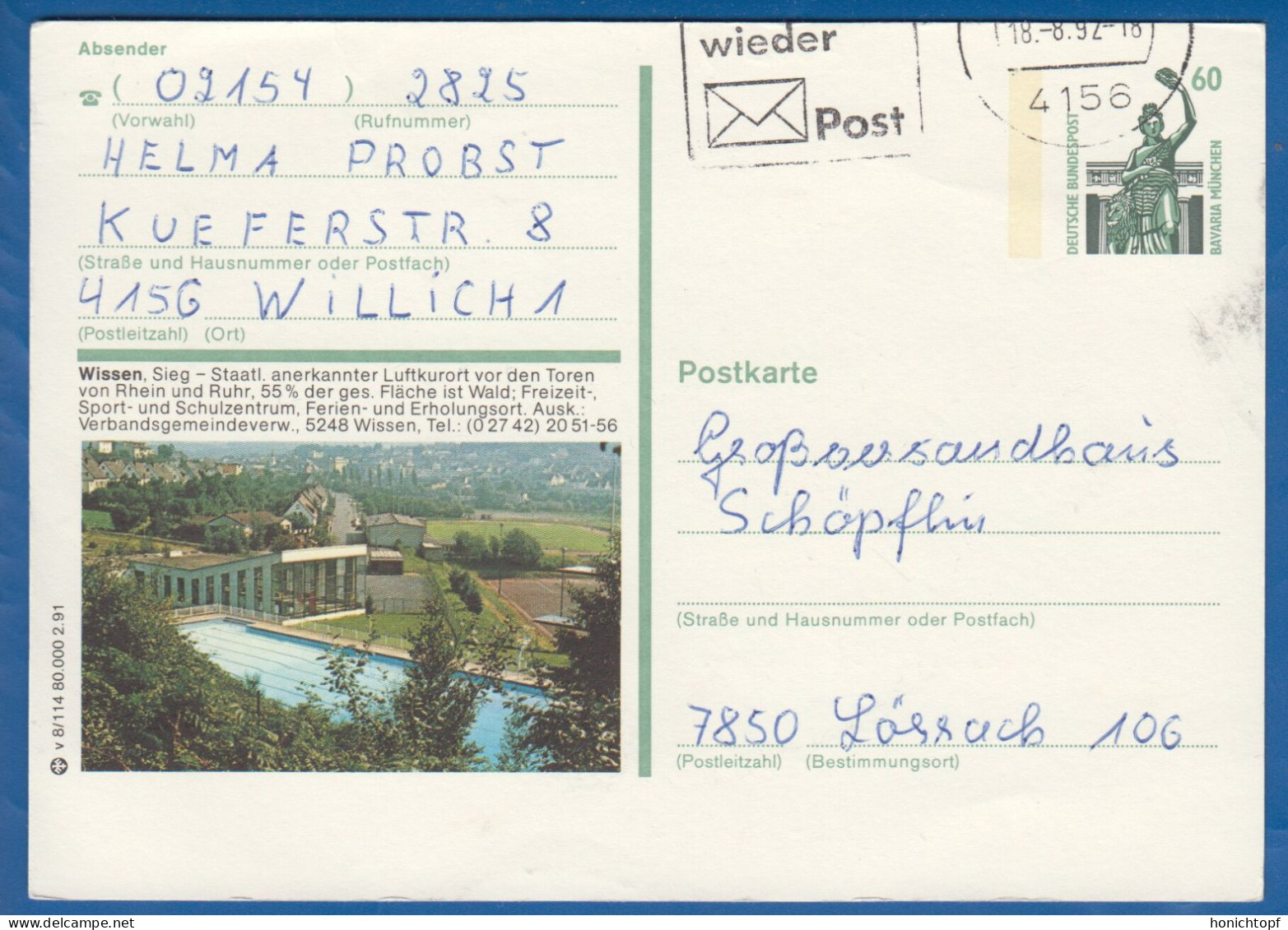 Deutschland; BRD; Postkarte; 60 Pf Bavaria München; Wissen, Sieg; Bild1 - Illustrated Postcards - Used