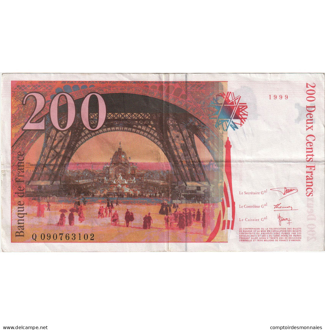 France, 200 Francs, Eiffel, 1999, Q.090, TTB, Fayette:75.5, KM:159c - 200 F 1995-1999 ''Eiffel''