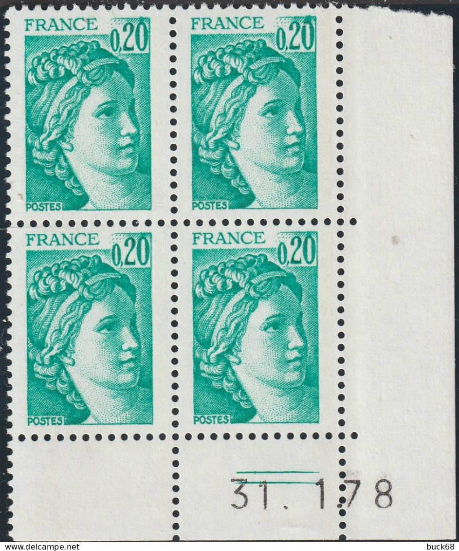 FRANCE 1967 ** MNH Type Sabine De David Bloc De 4 Coin Daté Du 31. 1.78 Janvier 1978 + 2 Traits - 1970-1979