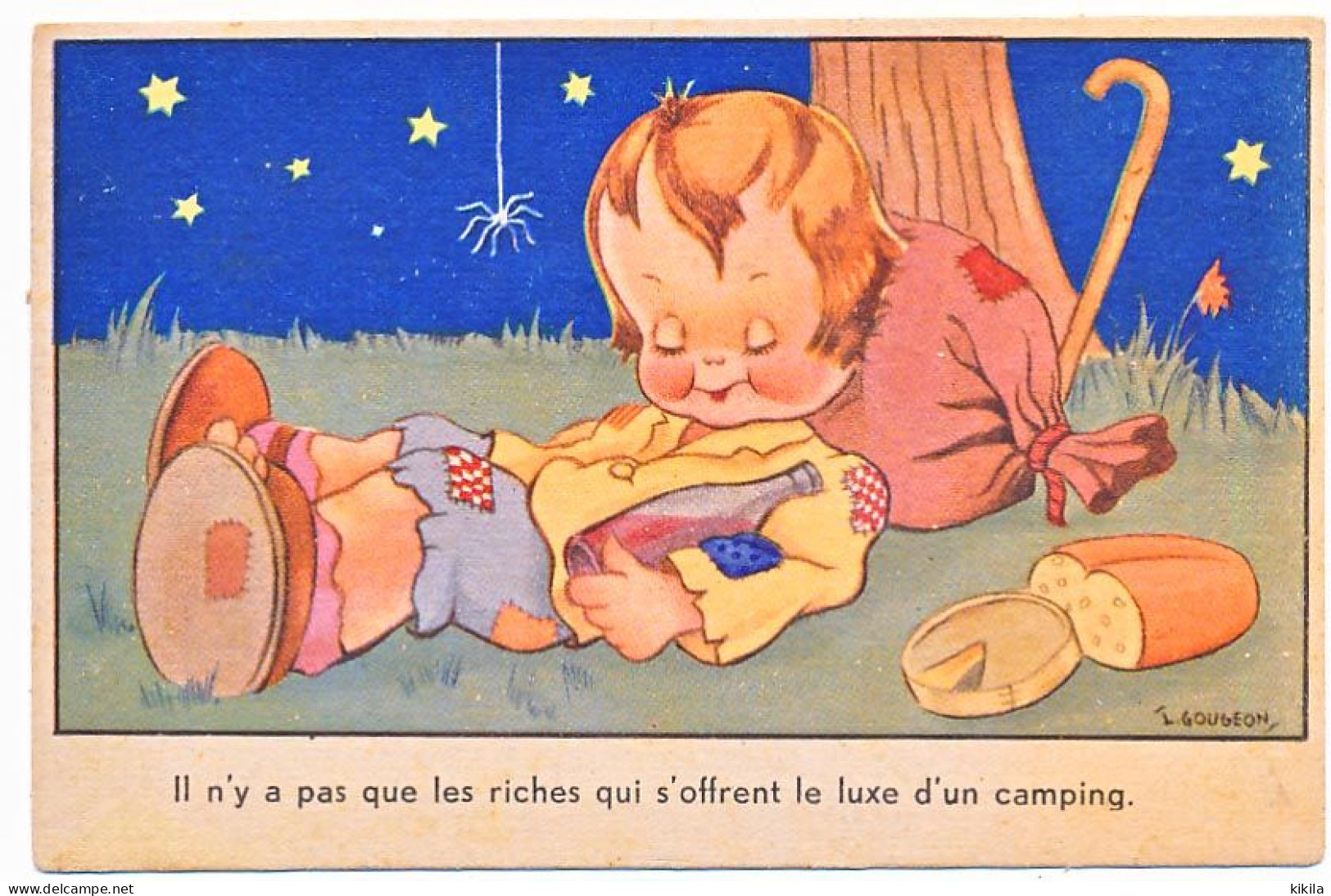 CPSM 9 X 14  "Il N'y A Pas Que Les Riches Qui S'offrent Le Luxe D'un Camping"   Signée I. Gougeon  Enfant Vagabond * - Gougeon