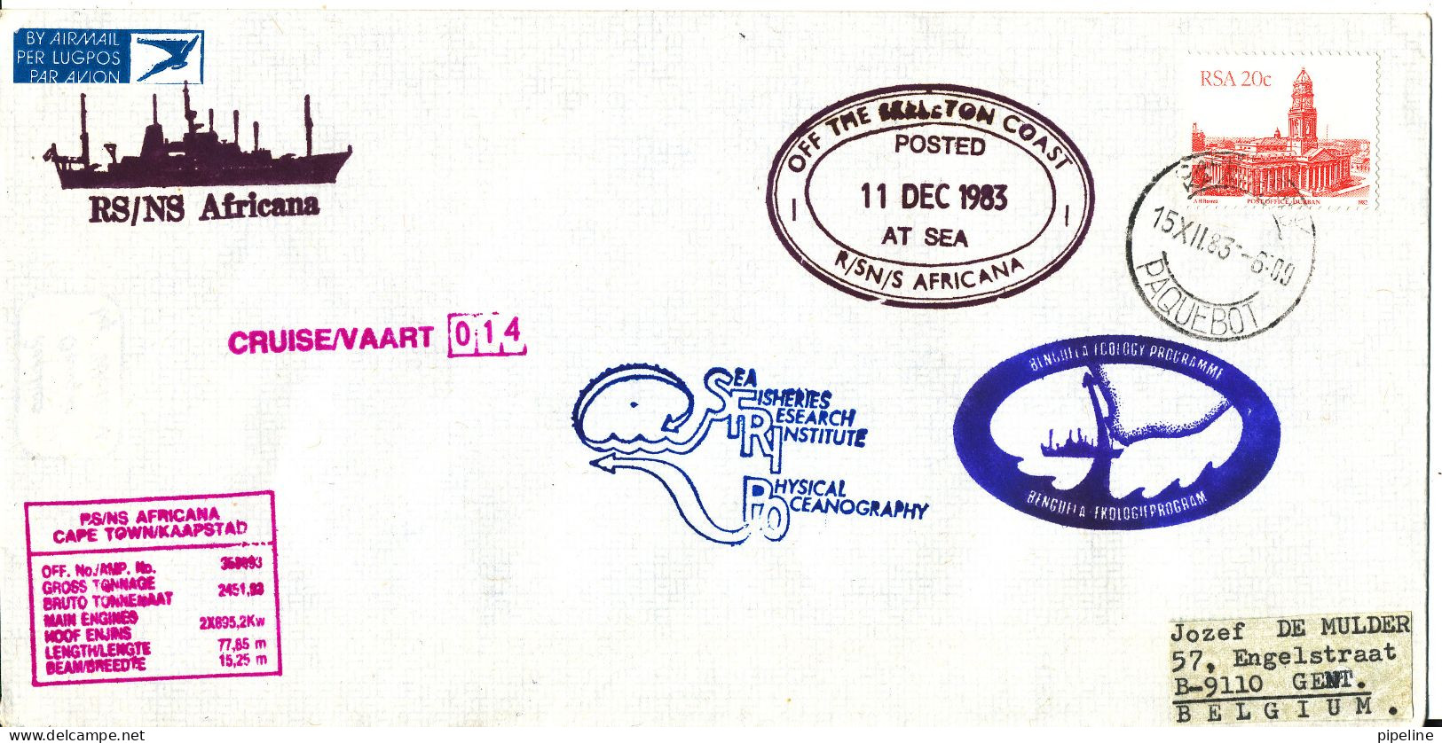 South Africa Paquebot Cover Cape Town Posted At Sea 10-12-1983 RS/NS Africana 14 Voyage With A Lot Of Postmarks - Lettres & Documents