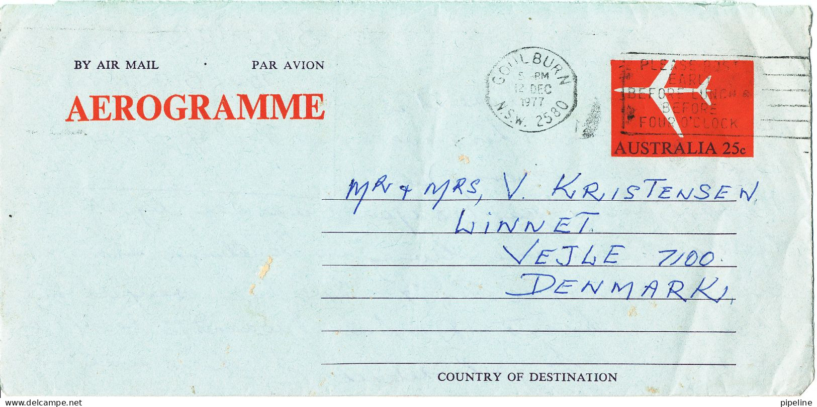 Australia Aerogramme Sent To Denmark Goulburn 12-12-1977 - Aerogramme