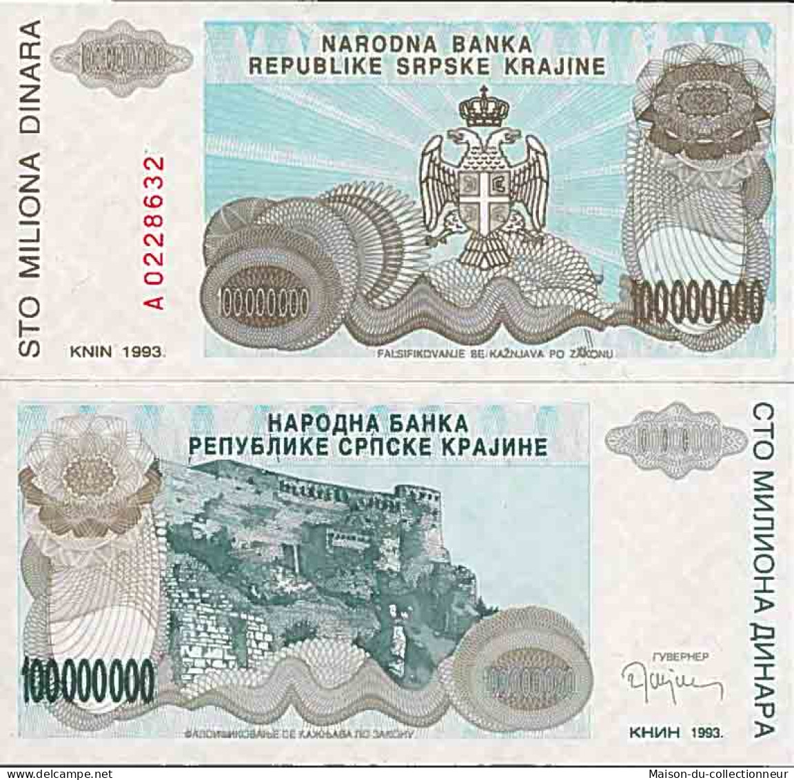 Billet De Banque Collection Croatie - PK N° 25R - 100 000 000 Dinara - Kroatië