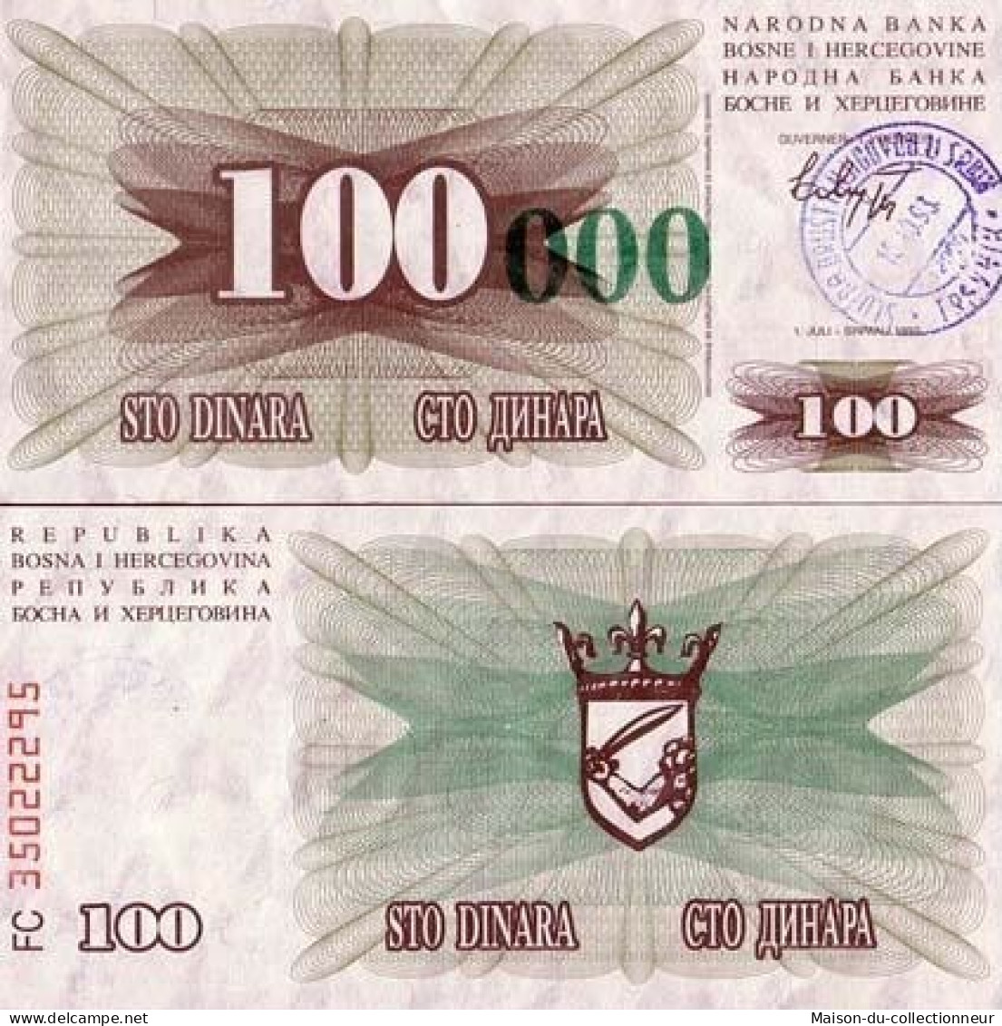 Billets De Banque Bosnie Pk N° 56 - 100000 Dinara - Bosnien-Herzegowina