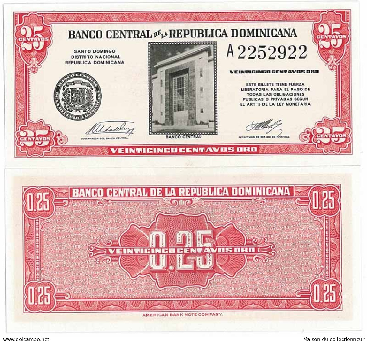 Billet De Collection Dominicaine Repu. Pk N° 87 - 0,25 Centavos - Dominicaine