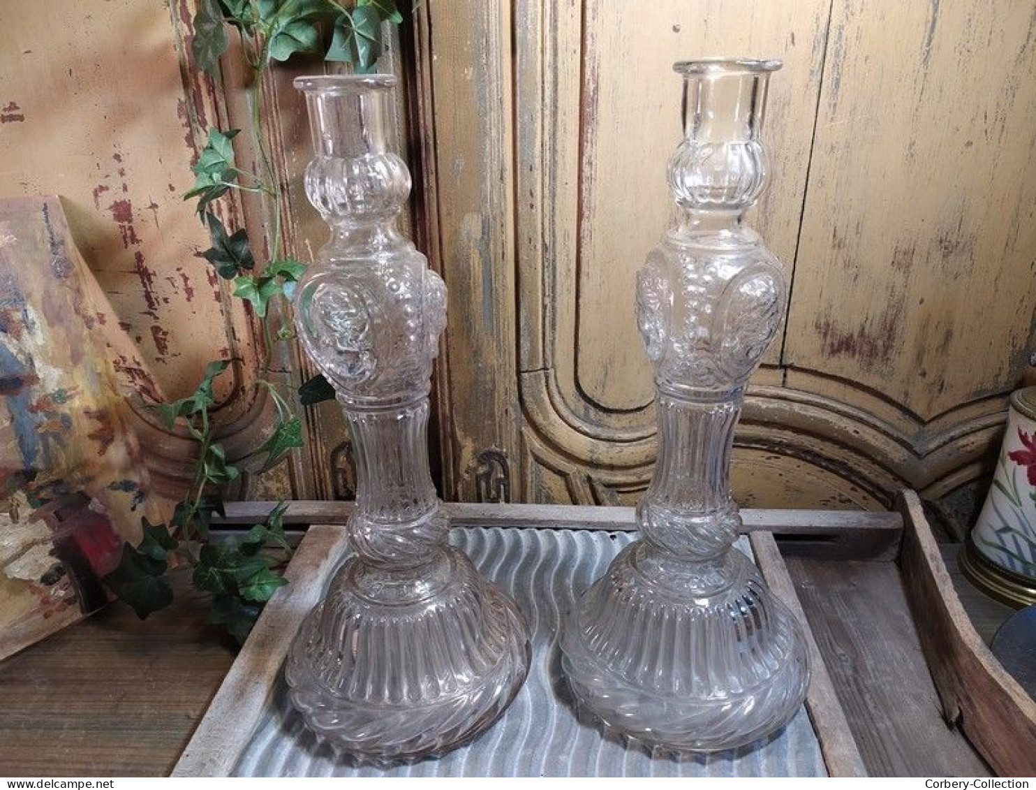 Anciens Grands Bougeoirs Chandelier Bouteilles Legras D&D Bte S.G.D.G / Candlestick - Glass & Crystal