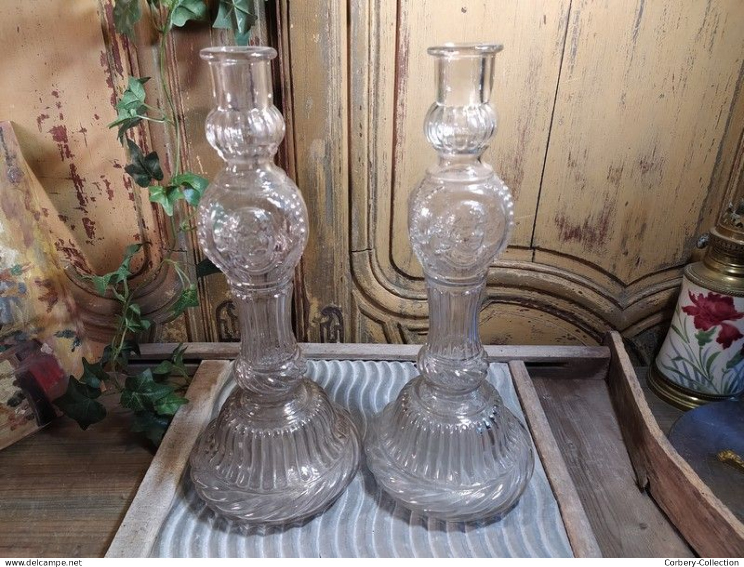 Anciens Grands Bougeoirs Chandelier Bouteilles Legras D&D Bte S.G.D.G / Candlestick - Vetro & Cristallo