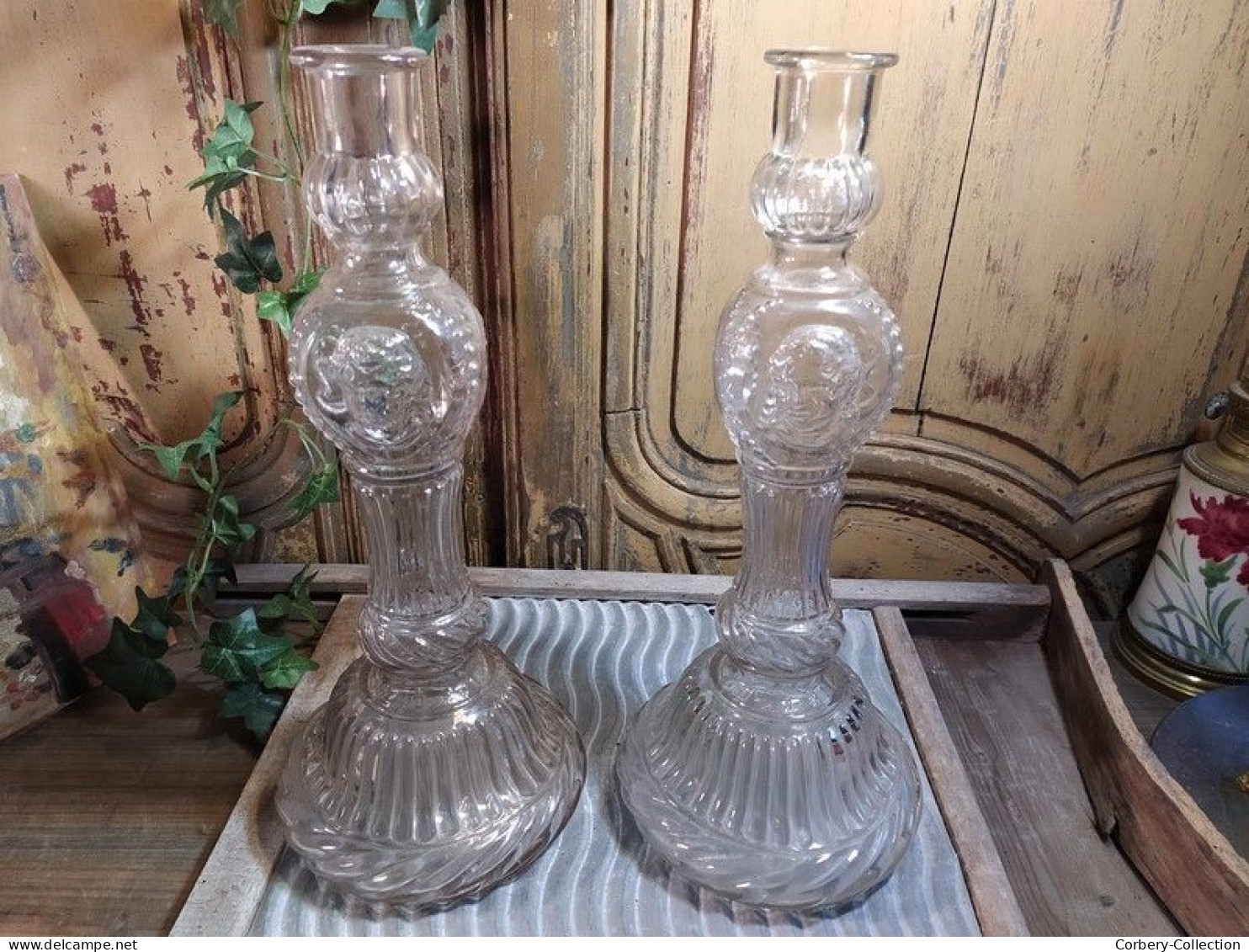 Anciens Grands Bougeoirs Chandelier Bouteilles Legras D&D Bte S.G.D.G / Candlestick - Glass & Crystal