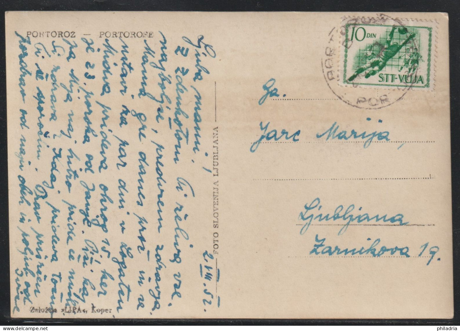 Triest B, 1952, Picture Postcard, Franked With 10 Din, From Portorož - Marcophilie
