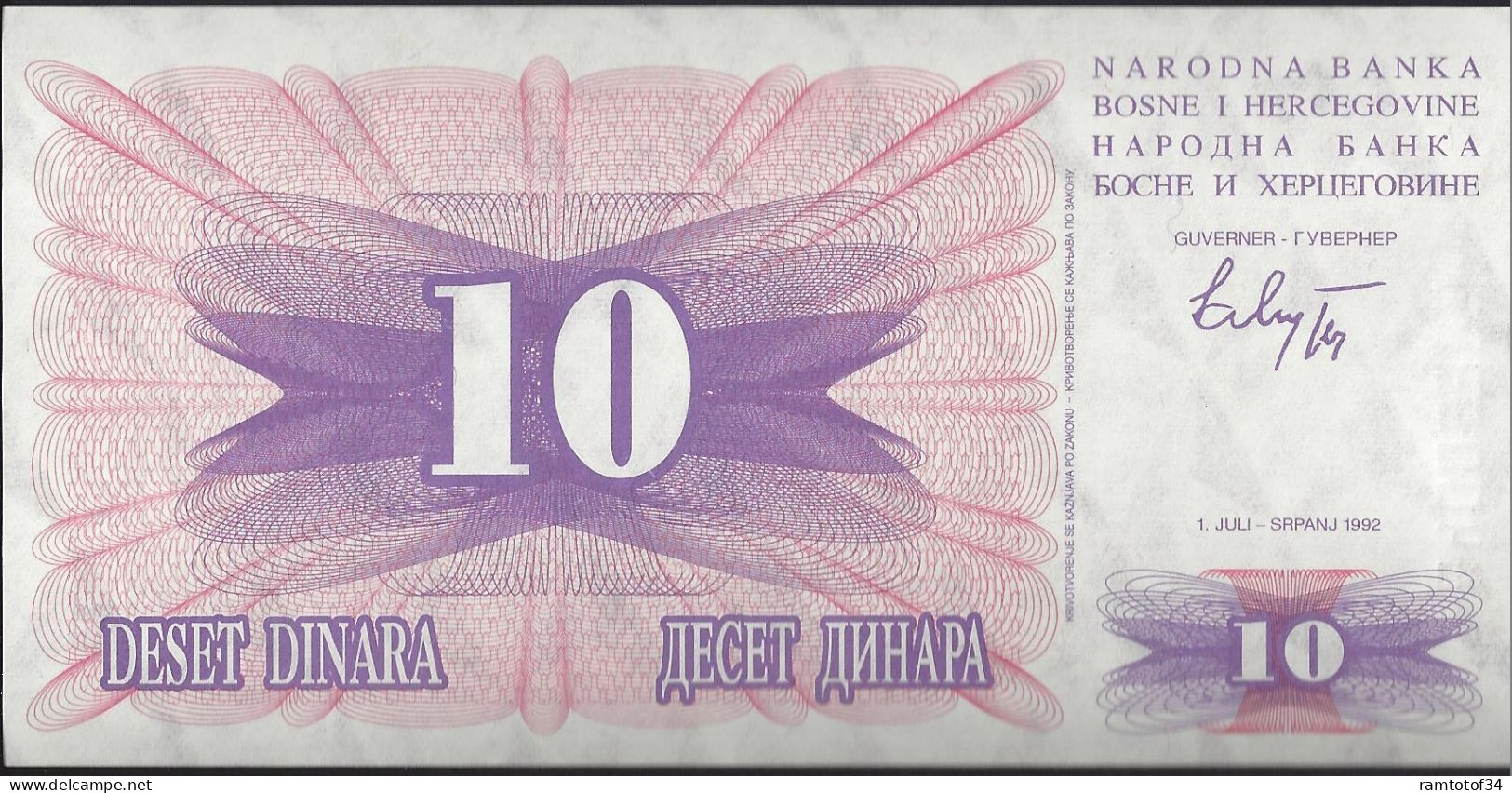 BOSNIE-HERZEGOVINE - 10 Dinara 1992 - UNC - Bosnie-Herzegovine