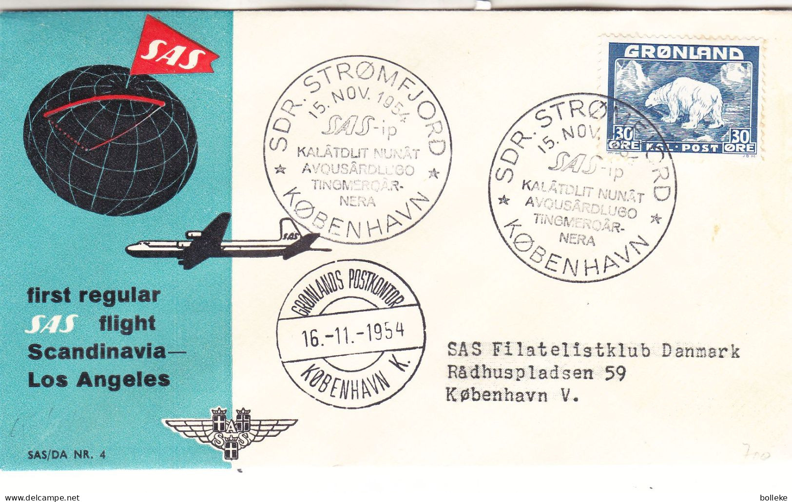 Groenland - Lettre De 1954 - Oblit SDR Stromfjord - Vol Scandinavie Los Angeles - Ours - - Briefe U. Dokumente