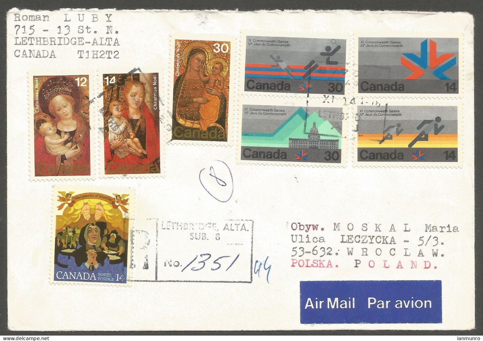 1978 Registered Cover $1.58 Commonwealth/Xmas POCON Lethbridge Alberta To Poland - Histoire Postale