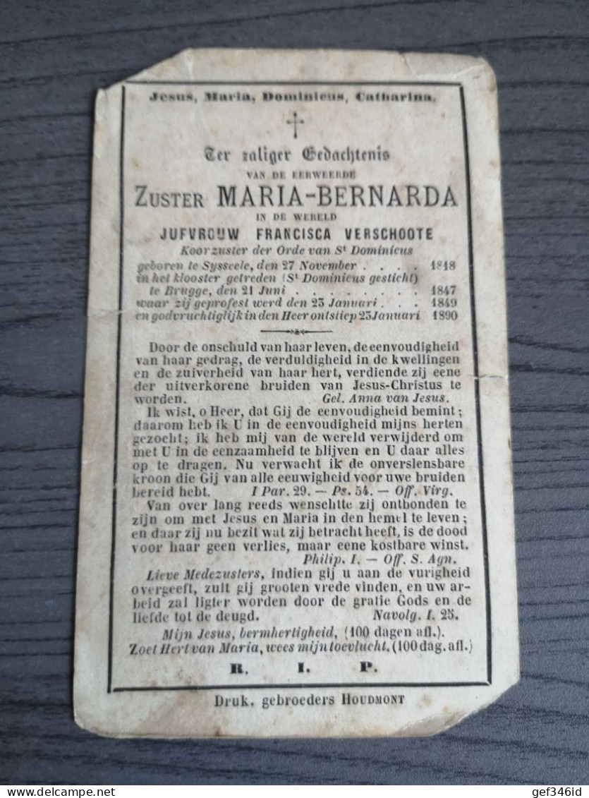 Zuster Maria Bernarda Francisca Verschoote Sysseele 1818 Klooster Brugge 1890 - Religion & Esotérisme