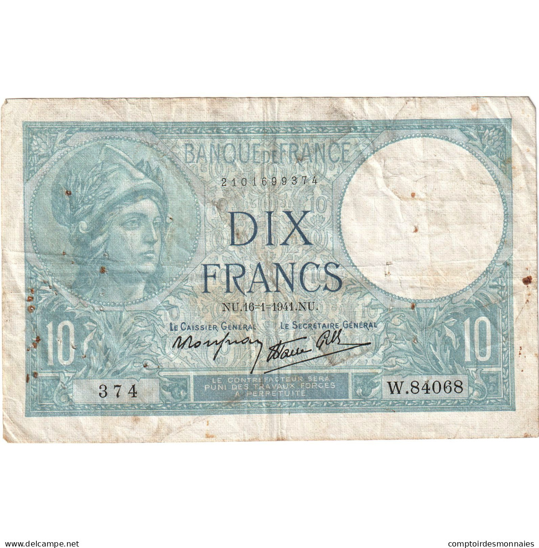 France, 10 Francs, Minerve, 1941, W.84068, TB+, Fayette:7.28, KM:84 - 10 F 1916-1942 ''Minerve''
