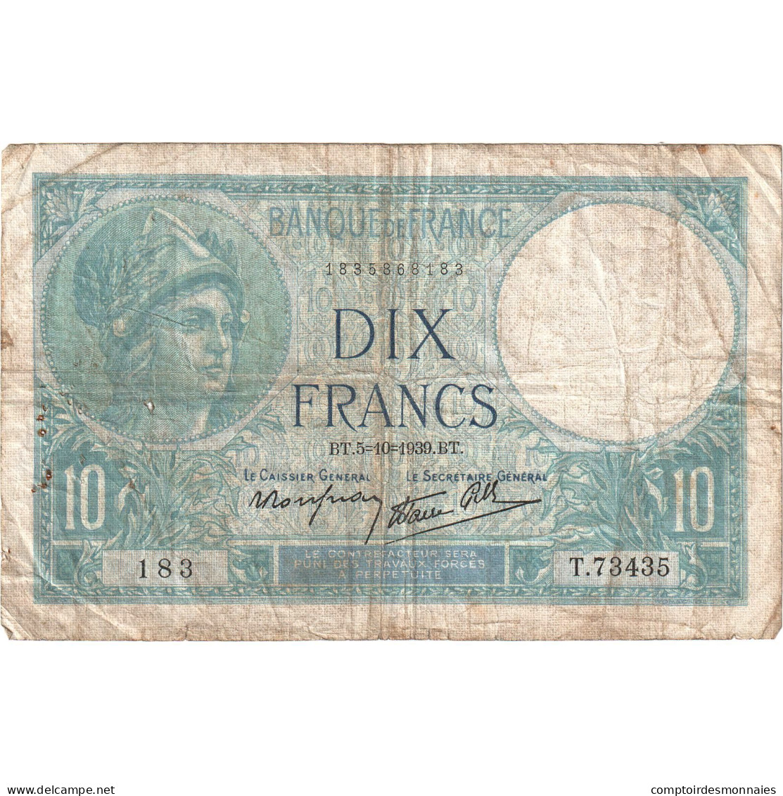 France, 10 Francs, Minerve, 1939, T.73435, TB+, Fayette:7.10, KM:84 - 10 F 1916-1942 ''Minerve''