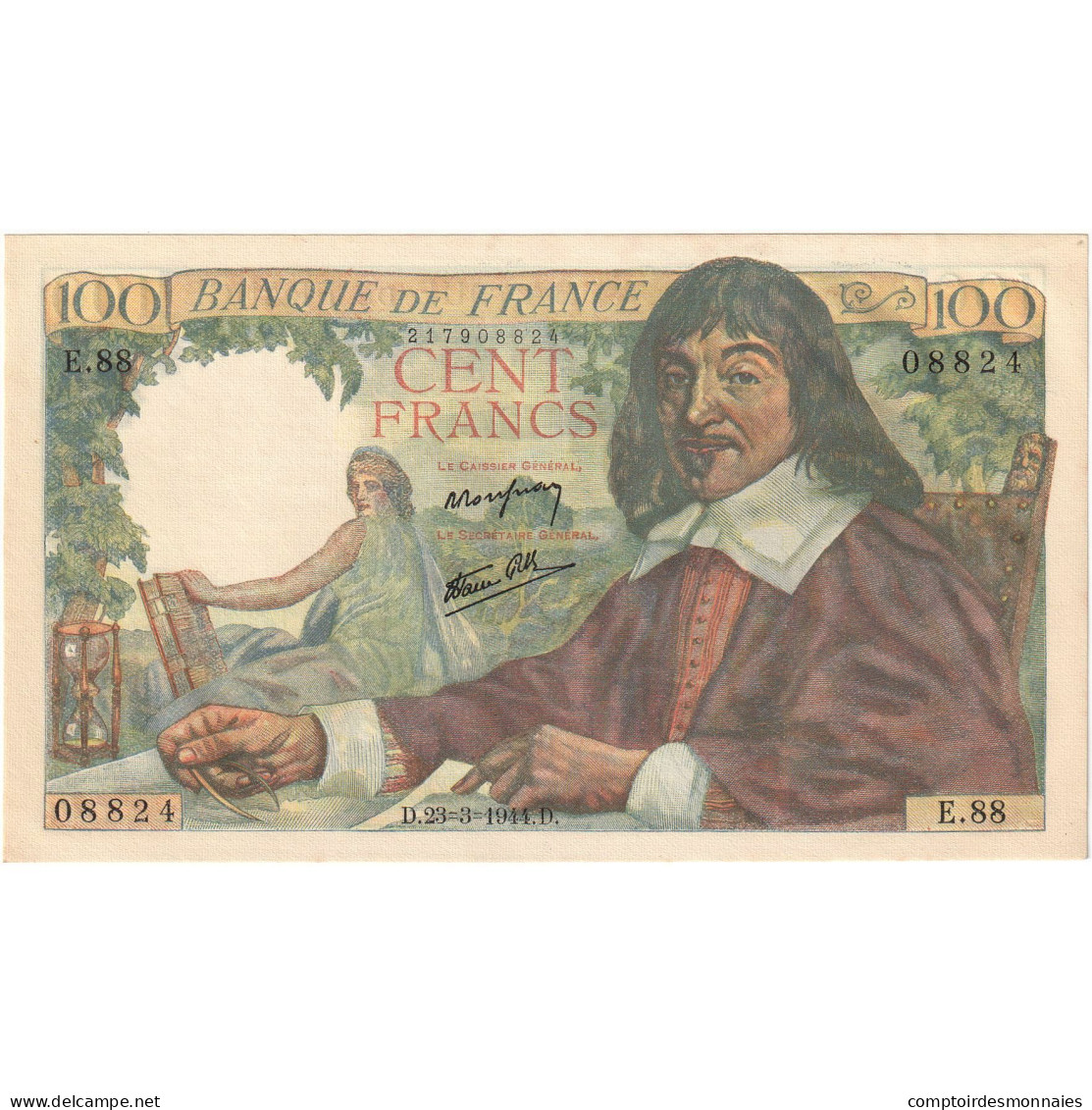 France, 100 Francs, Descartes, 1944, E.88, SPL+, Fayette:27.5, KM:101a - 100 F 1939-1942 ''Sully''