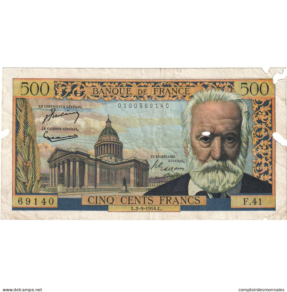 France, 500 Francs, Victor Hugo, 1954-09-02, F.41, TB - 500 F 1954-1958 ''Victor Hugo''