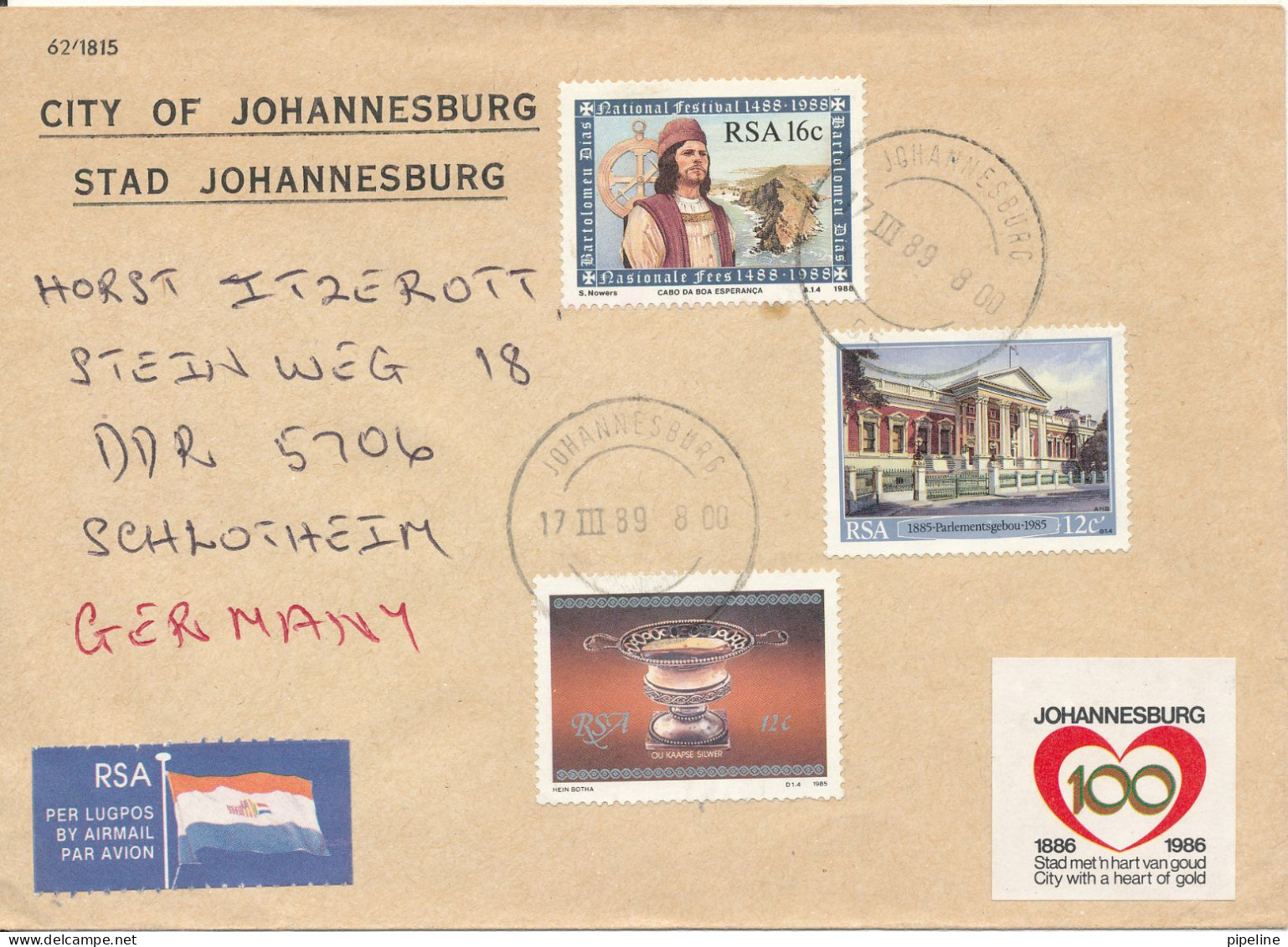 South Africa RSA Cover Sent Air Mail To Germany DDR 17-3-1989 With Topic Stamps - Brieven En Documenten