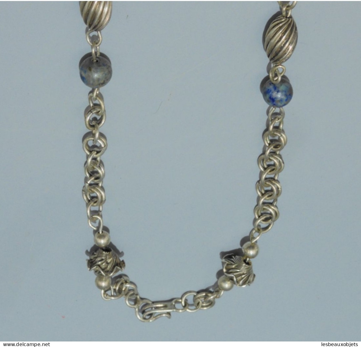 -COLLIER ANCIEN PERLES en ARGENT (testé) & Pierres LAPIS LAZULI? BIJOU ANCIEN    E