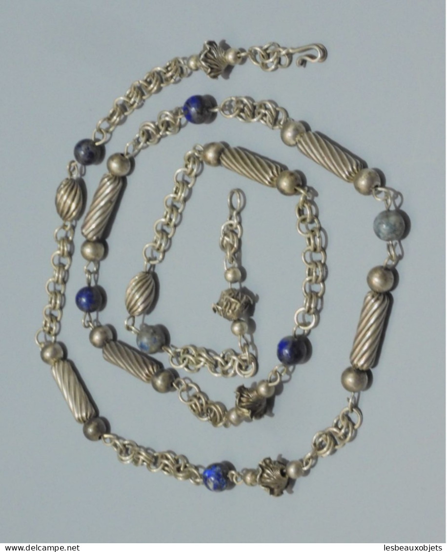 -COLLIER ANCIEN PERLES en ARGENT (testé) & Pierres LAPIS LAZULI? BIJOU ANCIEN    E