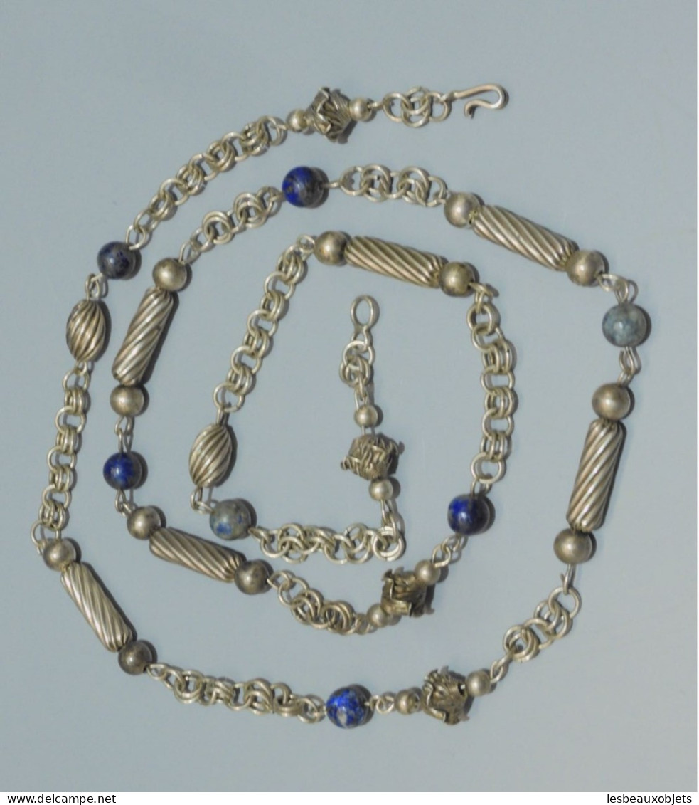 -COLLIER ANCIEN PERLES en ARGENT (testé) & Pierres LAPIS LAZULI? BIJOU ANCIEN    E