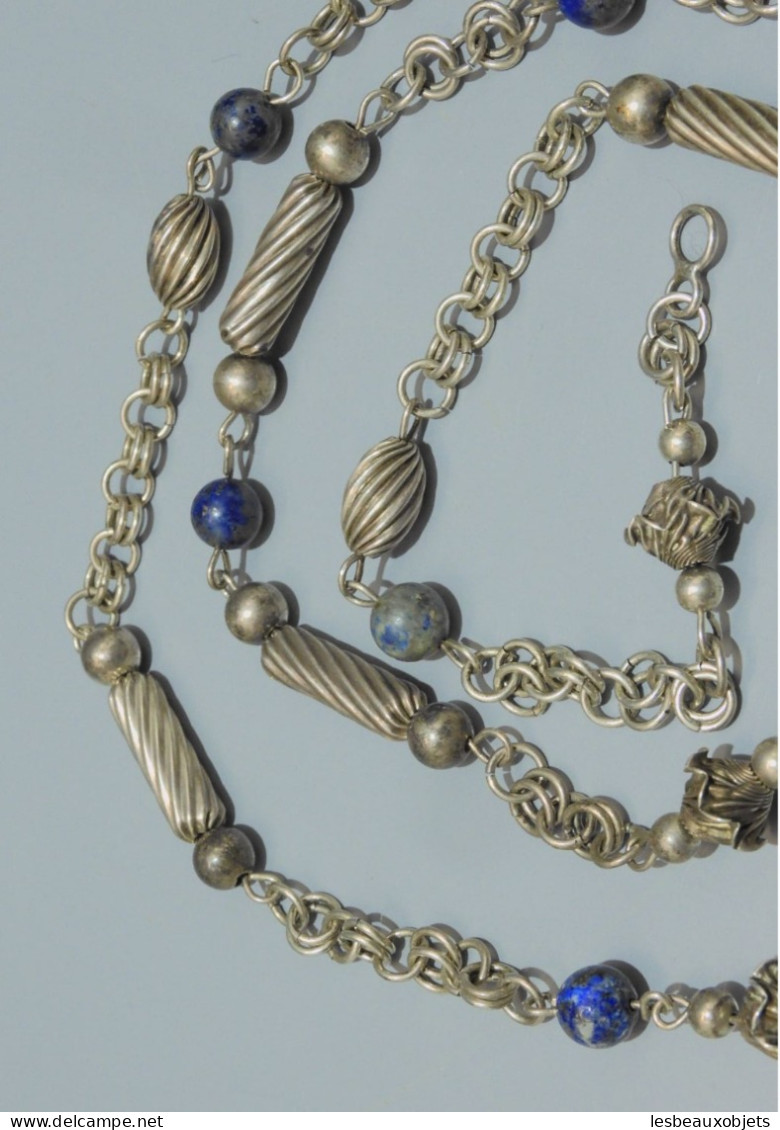 -COLLIER ANCIEN PERLES en ARGENT (testé) & Pierres LAPIS LAZULI? BIJOU ANCIEN    E