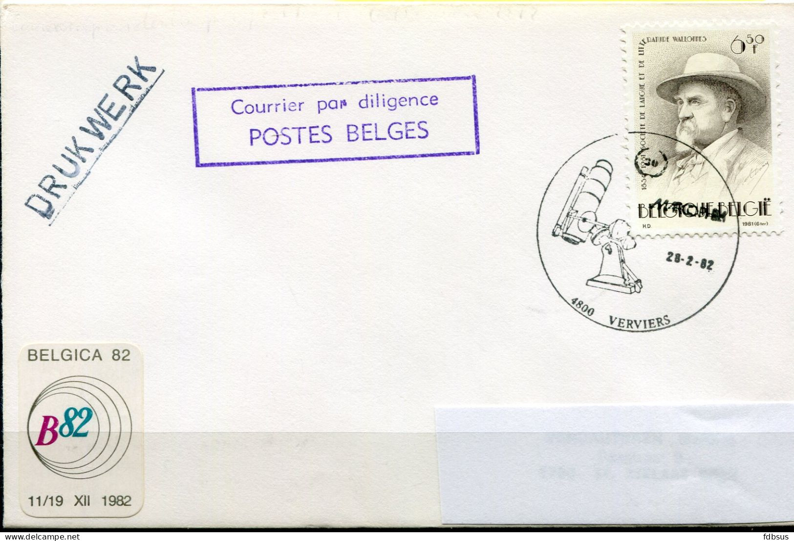 1982 Kaststempel COURRIER PAR DILIGENCE POSTES BELGES Op Env. 4800 Verviers + Vignet Belgica 82 - Brieven En Documenten