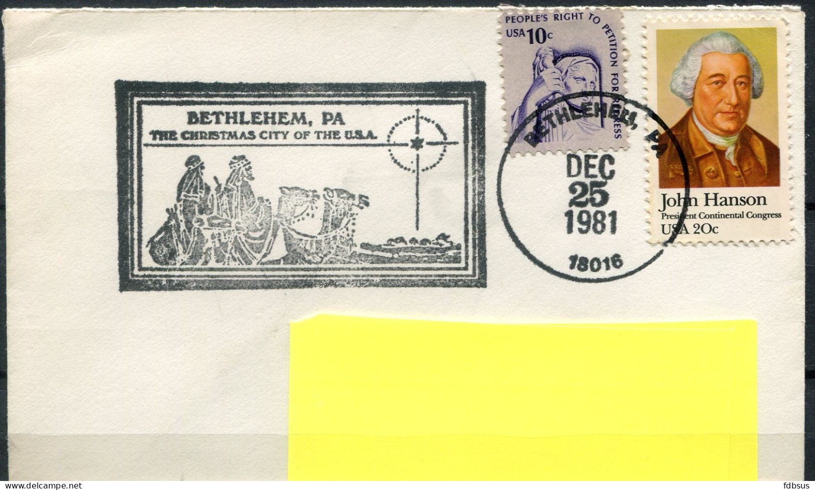 Dec 25 1981 Cover From BETHLEHEM Pa Christmas City Of The USA - Stamp 20c J. Hanson + 10c Peoples Rig - Cover To Belgium - Brieven En Documenten