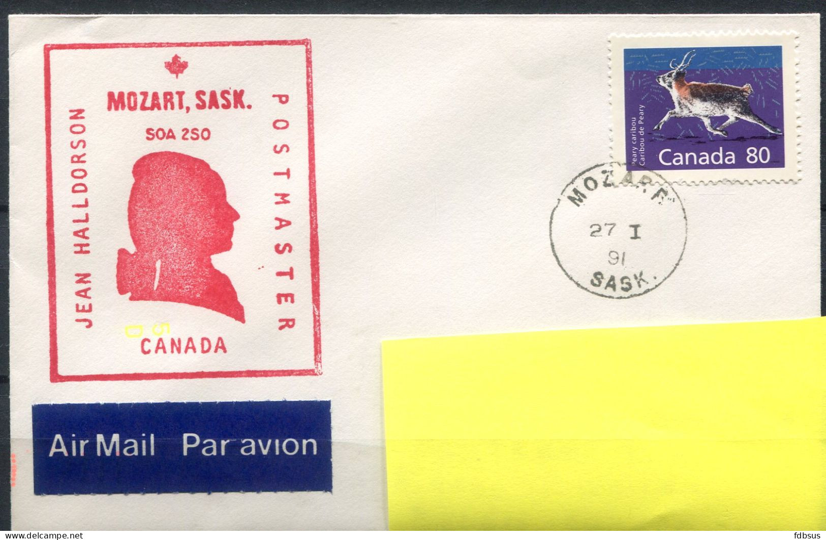 27 1 91 Cover From MOZART Sask. - Stamp 80c Caribou + Red Box Jean Halldorson Postmaster - Cover To Belgium - Briefe U. Dokumente