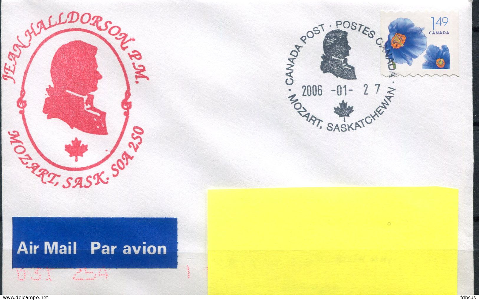 27-1-2006 Cover From MOZART Sask. - Stamp  1,49 Flower - Round Red Box Jean Halldorson Postmaster - Cover To Belgium - Lettres & Documents