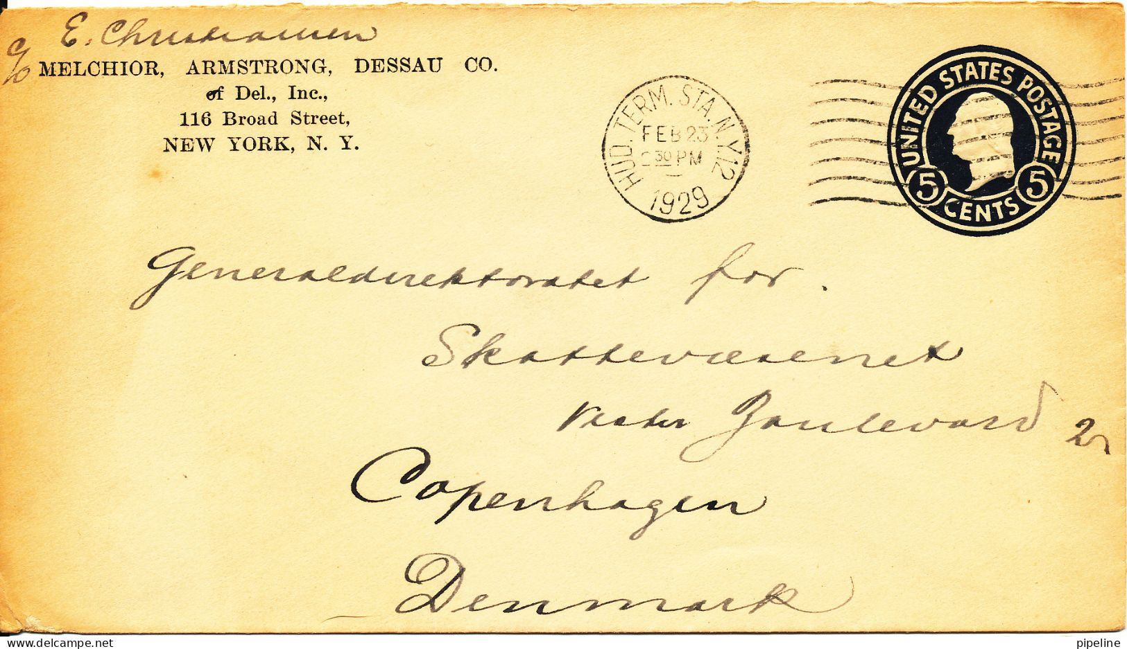 USA Postal Stationery Cover Sent To Denmark Hud. Term. Sta. N. Y. 23-2-1929 (Melchior, Armstrong. Dessau Co.) - 1921-40